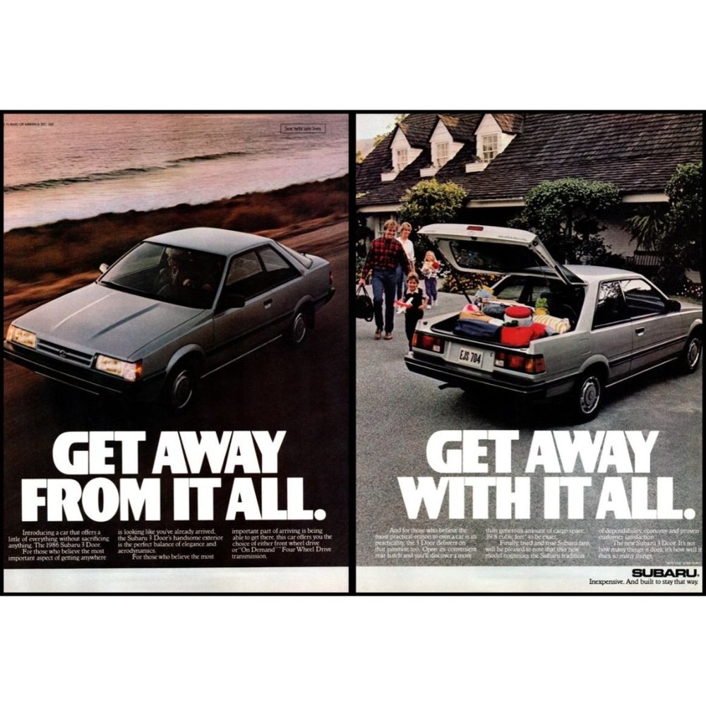 1986 Subaru 3 Door 2 Page Vintage Print Ad Family Vacation Beach Coast Wall Art
